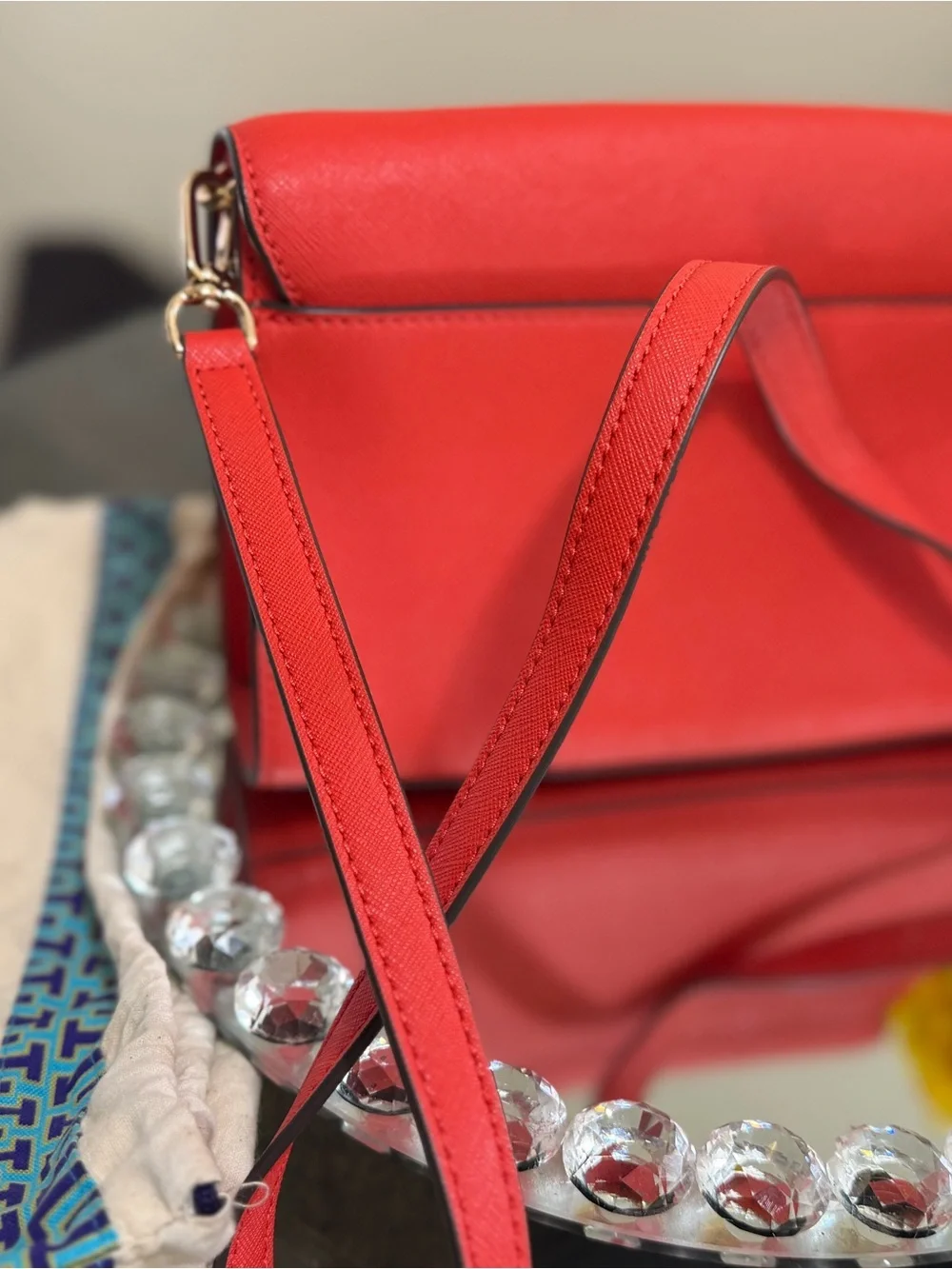 Tory Burch Red Saffiano Leather Flap Crossbody with Gold Logo
